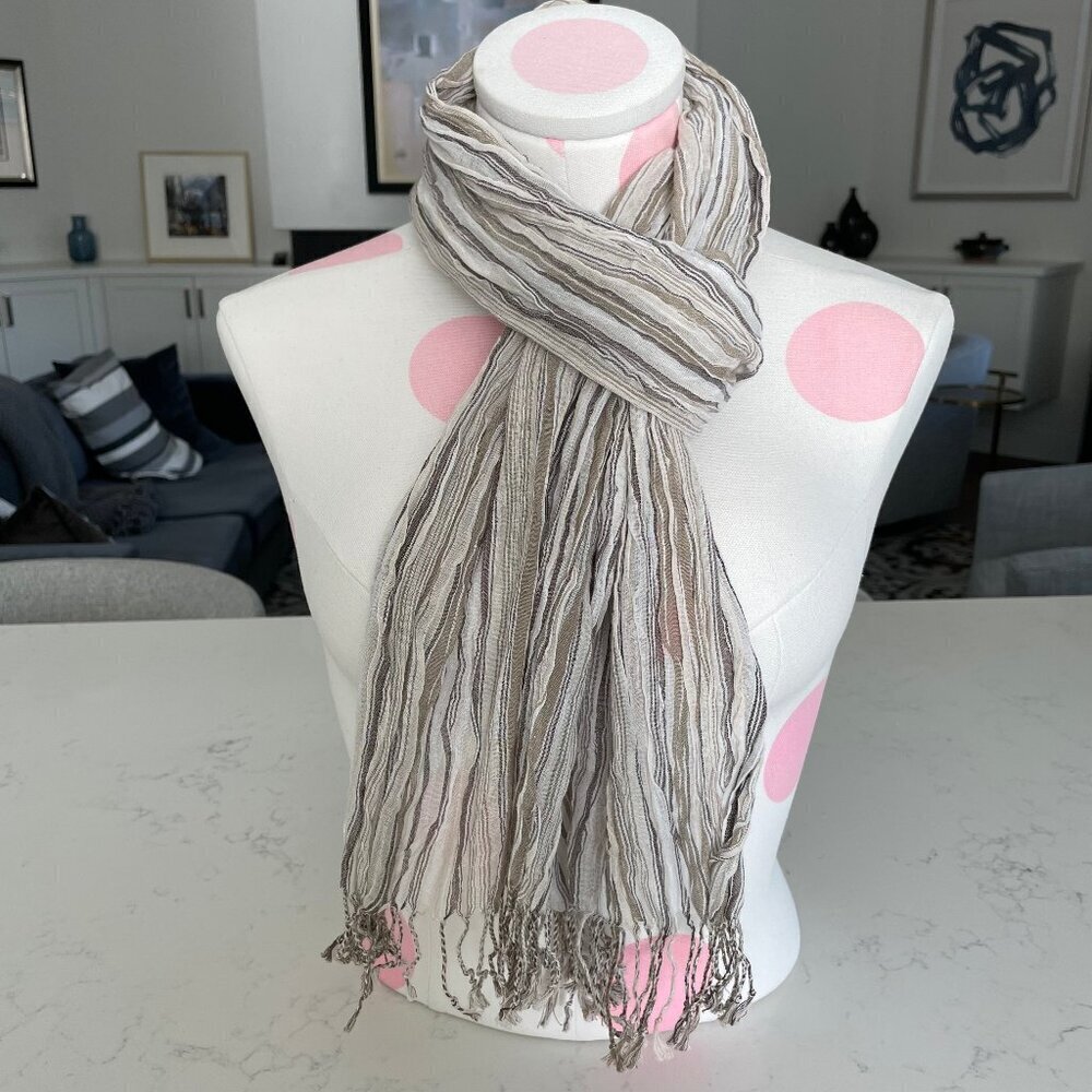 Neutral Lightweight Striped Fringed Wrap/Scarf Tan Cream Blk Sz OS - no tags